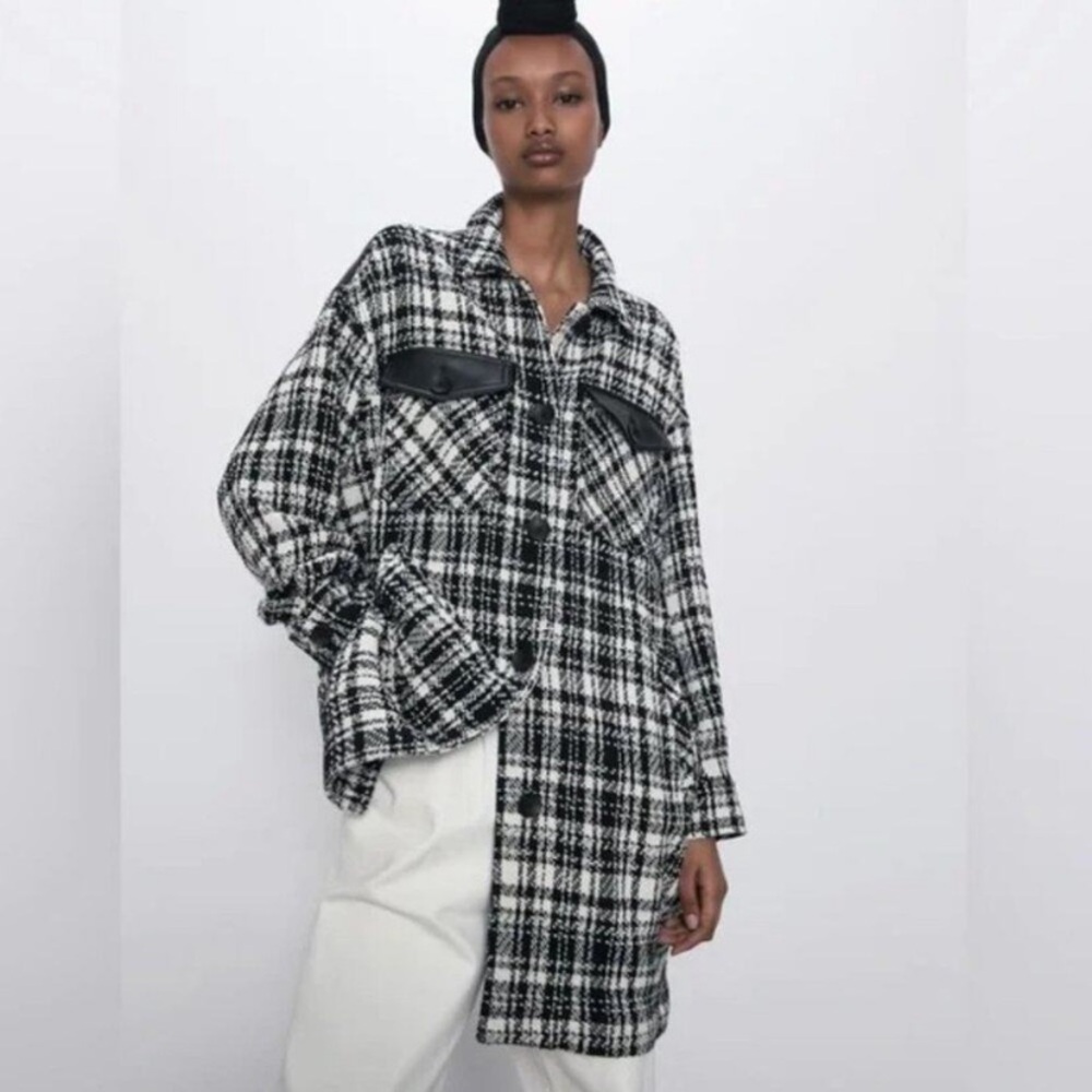 ZARA Tweed Boucle Faux Leather Contrast Oversized Shirt Jacket Shacket Black